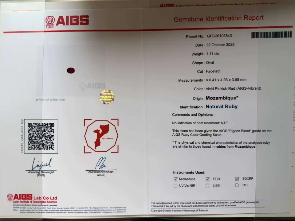 AIGS natural ruby identification report example supplied by Gemformia