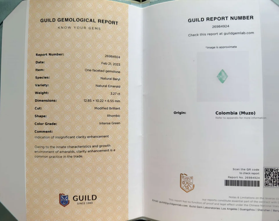 GUILD natural emerald report example supplied by Gemformia