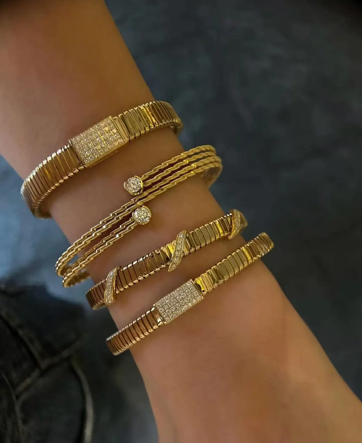 Gemformia textured bracelet design samples with ribbed and open multi-row forms shown on a wrist